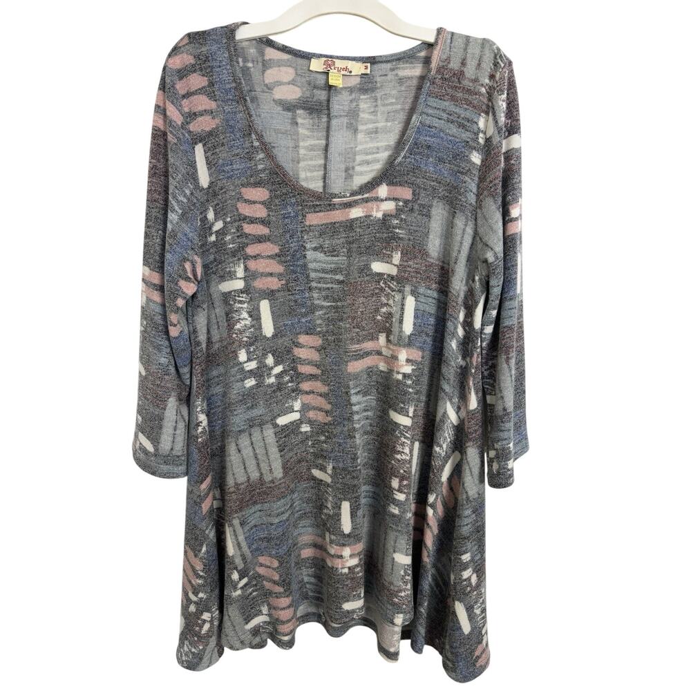 Aryeh Abstract Asymmetrical Top 3/4 Sleeve M Artsy Scoop Neck Geometric Boho